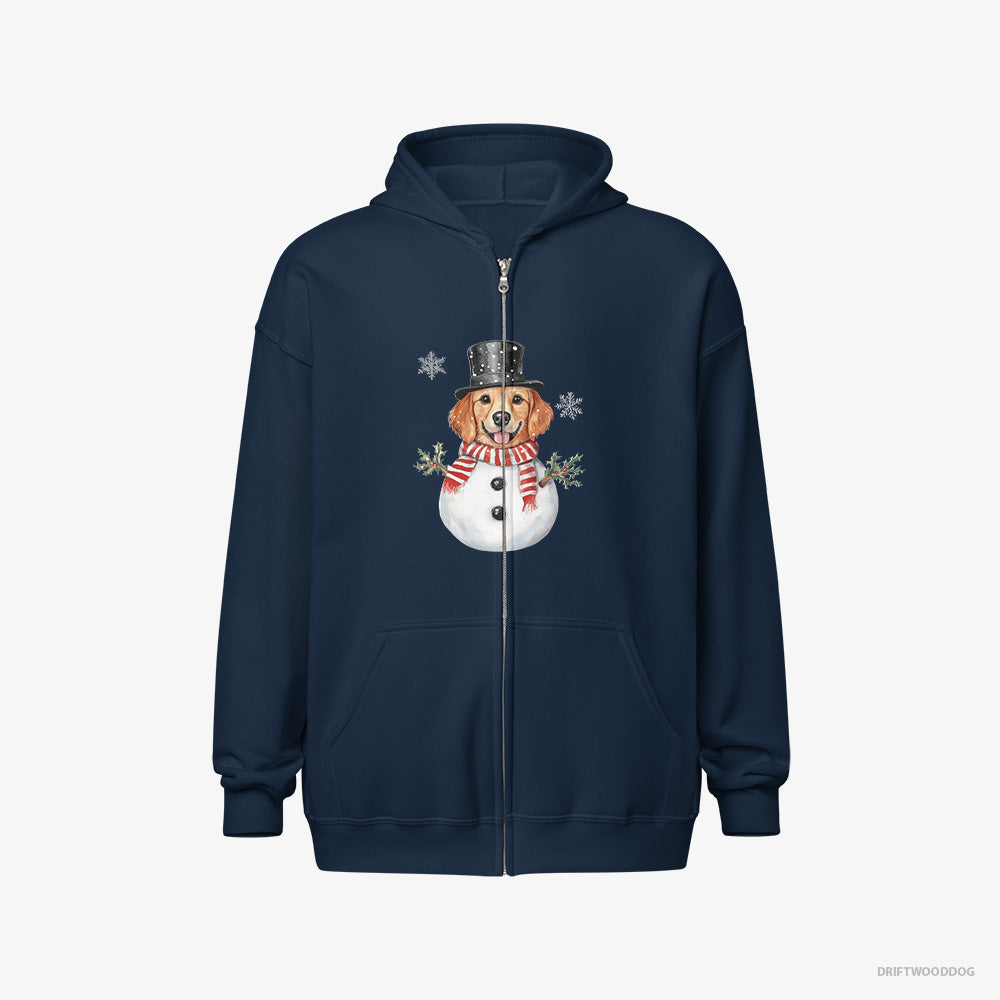 Golden Retriever Hoodie – Men Navy Hoodie Full-Zip – Dressed Up as a Snowman (on White Background)