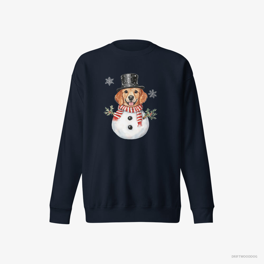 Golden Retriever Sweatshirt – Men Navy Sweatshirt Eco-Friendly – Dressed Up as a Snowman (on White Background)