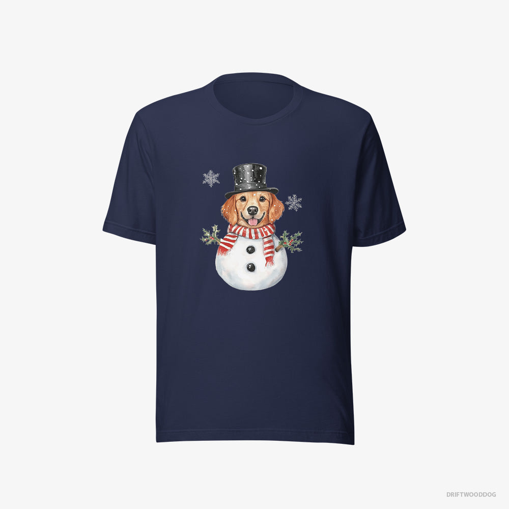 Golden Retriever T-Shirt – Women Navy T-Shirt Eco-Friendly – Dressed Up as a Snowman (on White Background)