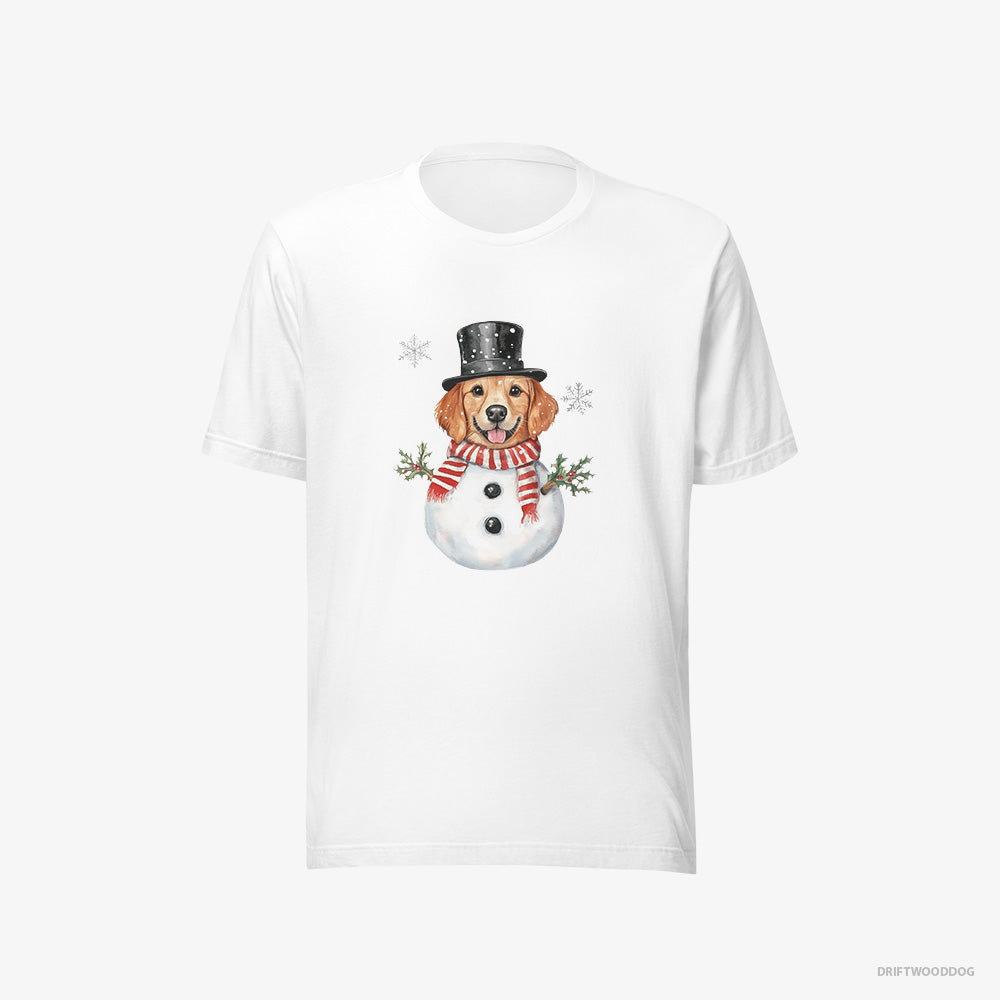 Golden Retriever T-Shirt – Women White T-Shirt Eco-Friendly – Dressed Up as a Snowman (on White Background)