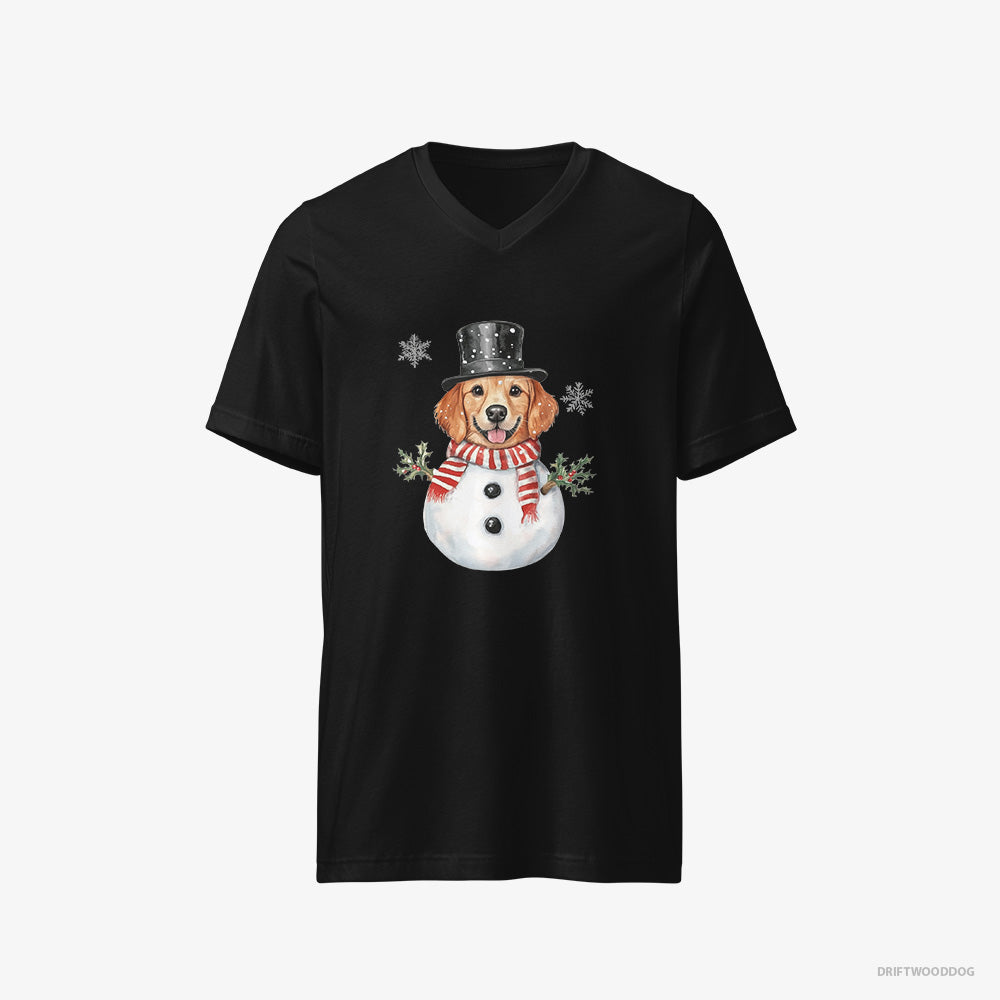 Golden Retriever T-Shirt – Men Black T-Shirt V-Neck – Dressed Up as a Snowman (on White Background)