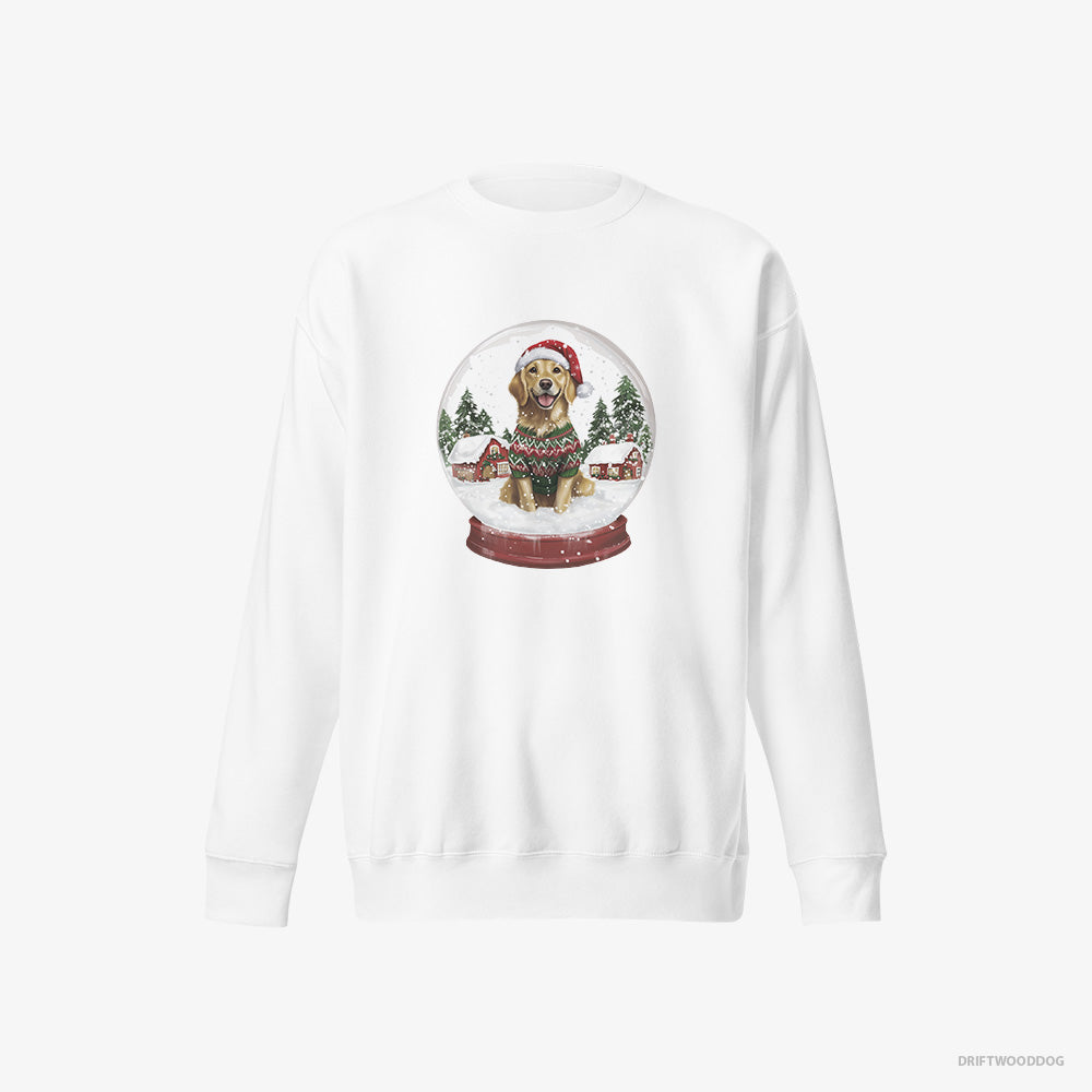 Golden Retriever Sweatshirt – Men White Sweatshirt Eco-Friendly – in a Snow Globe (on White Background)