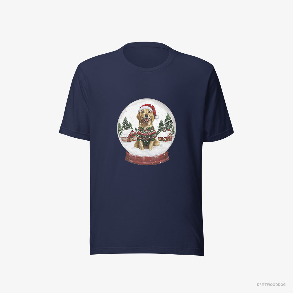 Golden Retriever T-Shirt – Women Navy T-Shirt Eco-Friendly – in a Snow Globe (on White Background)