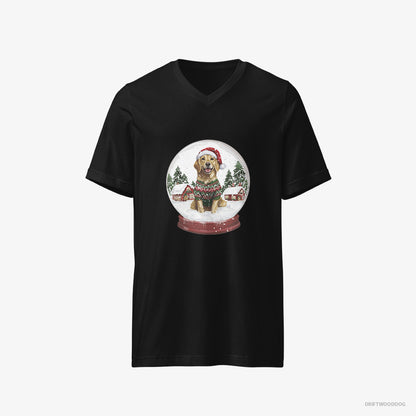 Golden Retriever T-Shirt – Men Black T-Shirt V-Neck – in a Snow Globe (on White Background)