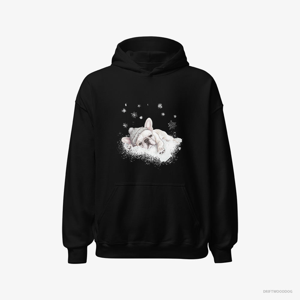 French Bulldog Hoodie – Women Black Hoodie Classic – Gently Lying on a Cloud (on White Background)