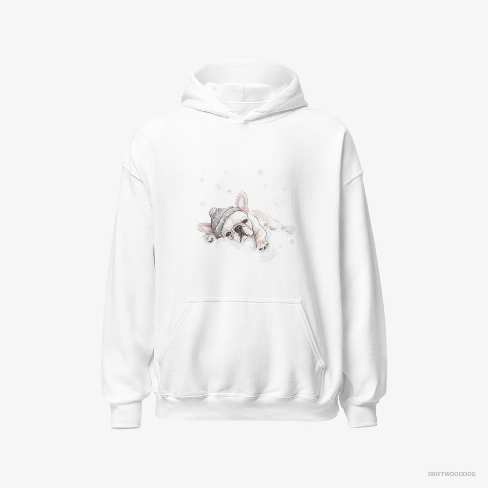 French Bulldog Hoodie – Men White Hoodie Classic – Gently Lying on a Cloud (on White Background)