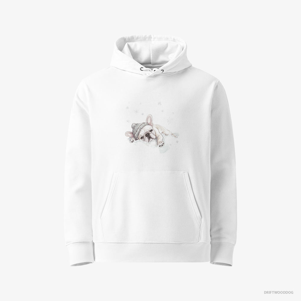 French Bulldog Hoodie – Women White Hoodie Eco-Friendly – Gently Lying on a Cloud (on White Background)