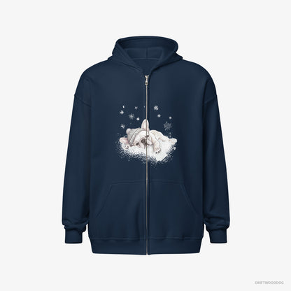 French Bulldog Hoodie – Men Navy Hoodie Full-Zip – Gently Lying on a Cloud (on White Background)