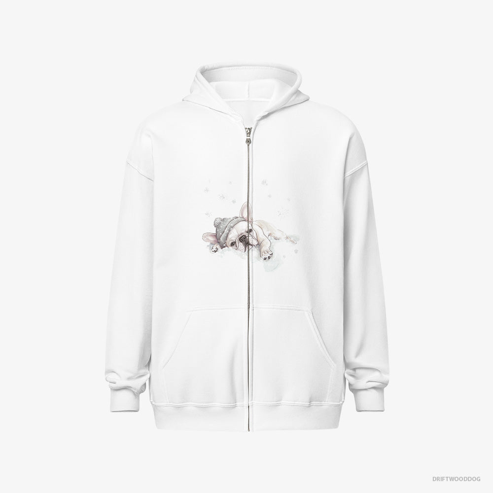 French Bulldog Hoodie – Men White Hoodie Full-Zip – Gently Lying on a Cloud (on White Background)