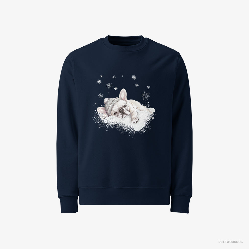 French Bulldog Sweatshirt – Men Navy Sweatshirt Classic – Gently Lying on a Cloud (on White Background)