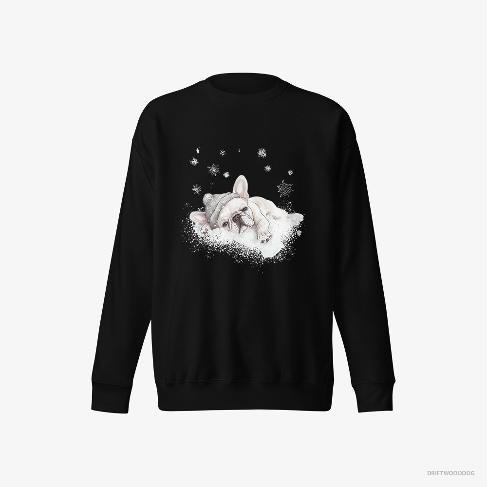 French Bulldog Sweatshirt – Men Black Sweatshirt Eco-Friendly – Gently Lying on a Cloud (on White Background)