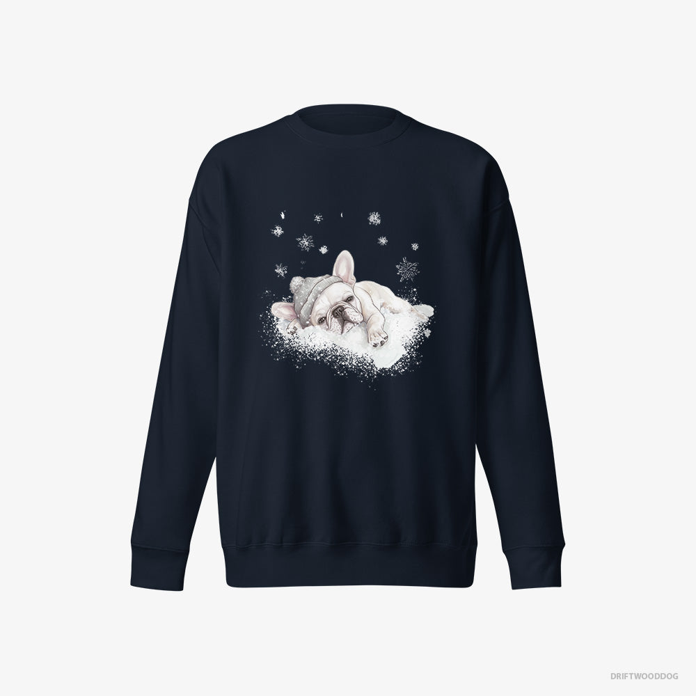 French Bulldog Sweatshirt – Men Navy Sweatshirt Eco-Friendly – Gently Lying on a Cloud (on White Background)