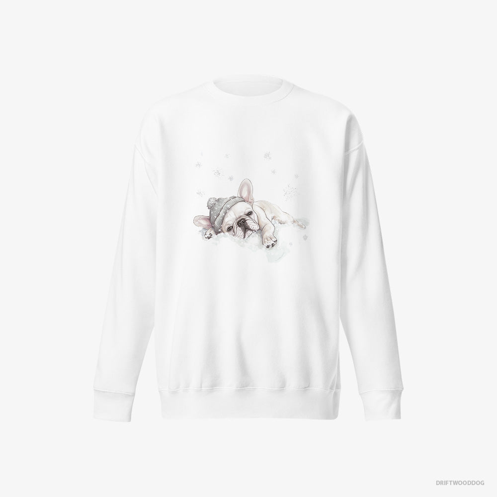 French Bulldog Sweatshirt – Men White Sweatshirt Eco-Friendly – Gently Lying on a Cloud (on White Background)