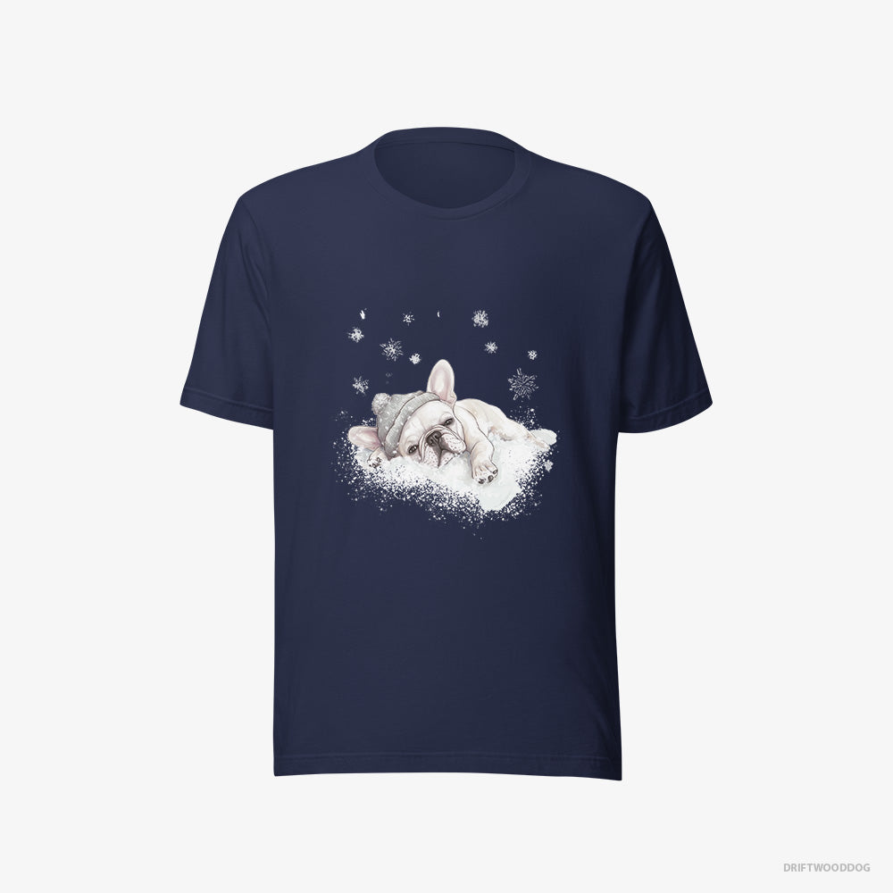 French Bulldog T-Shirt – Women Navy T-Shirt Eco-Friendly – Gently Lying on a Cloud (on White Background)