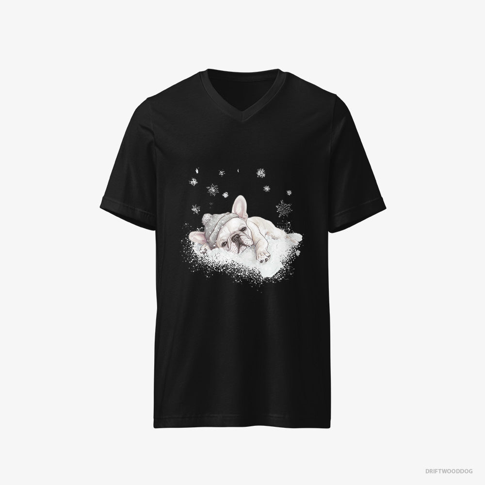 French Bulldog T-Shirt – Men Black T-Shirt V-Neck – Gently Lying on a Cloud (on White Background)