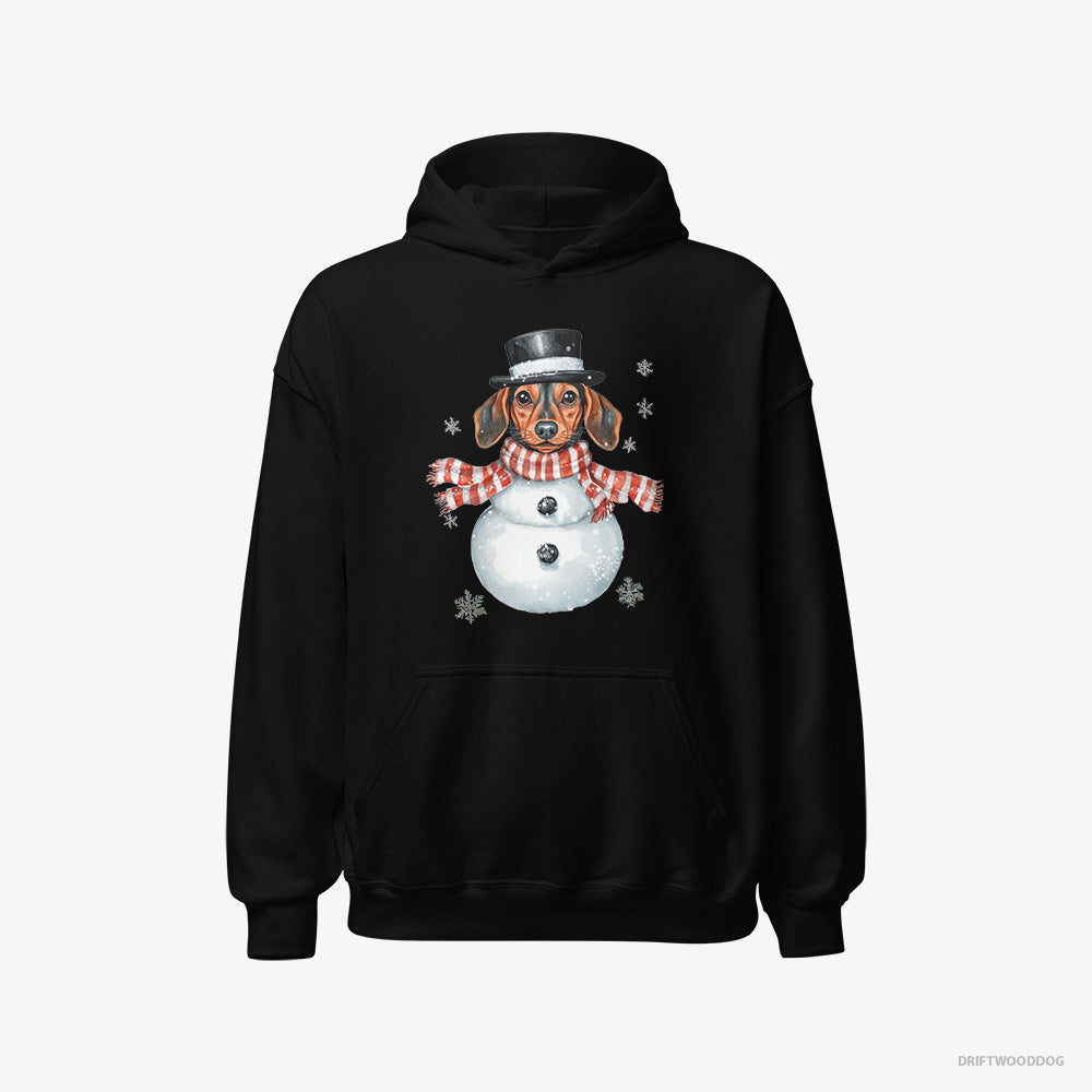 Dachshund Hoodie – Women Black Hoodie Classic – in a Snowman Look (on White Background)