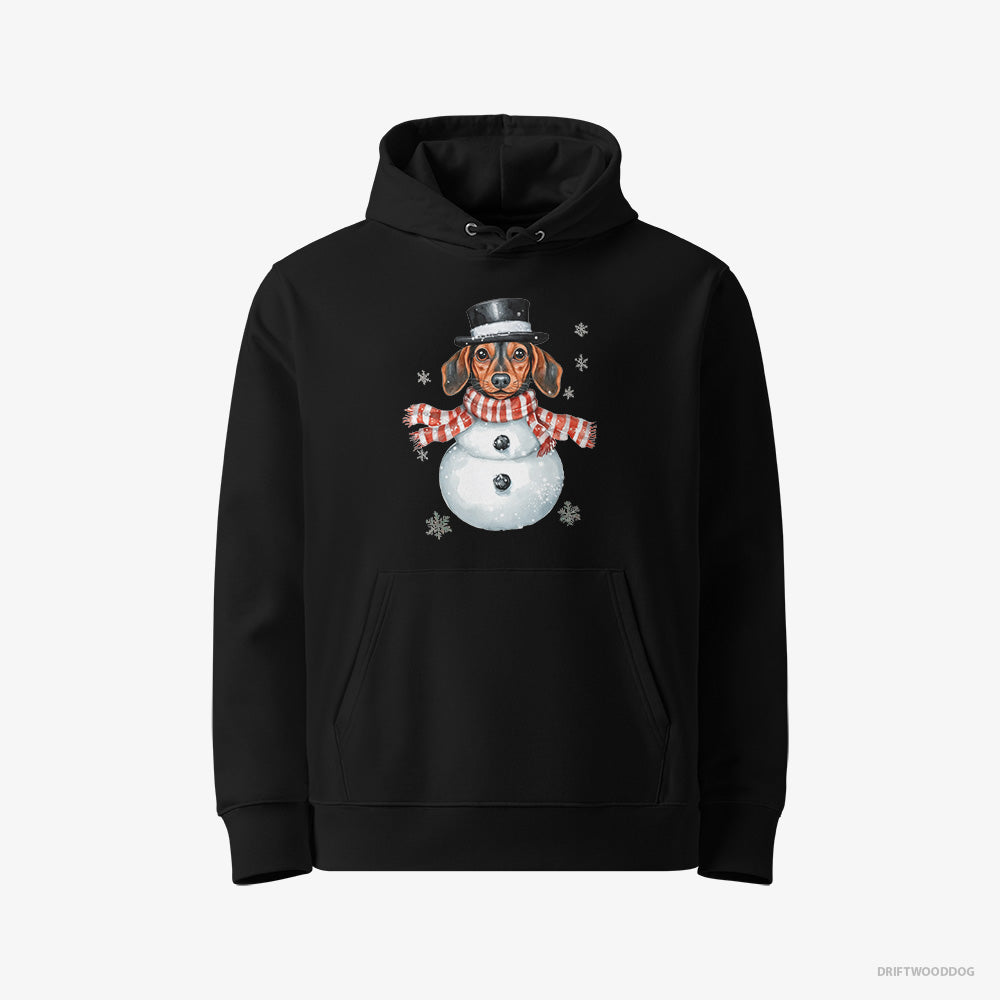 Dachshund Hoodie – Men Black Hoodie Eco-Friendly – in a Snowman Look (on White Background)