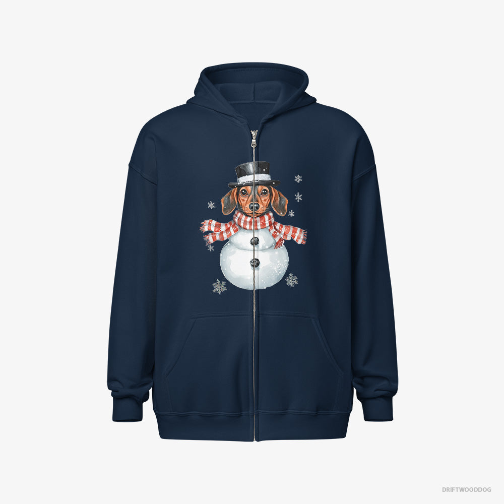 Dachshund Hoodie – Men Navy Hoodie Full-Zip – in a Snowman Look (on White Background)