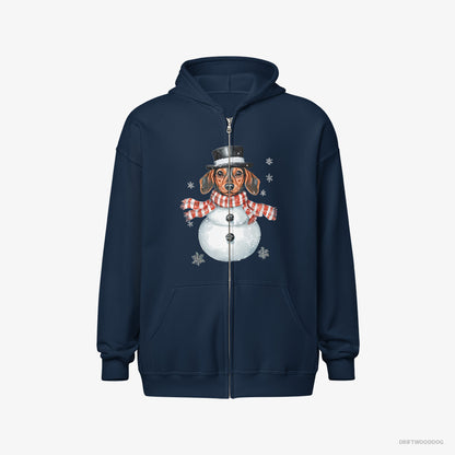 Dachshund Hoodie – Men Navy Hoodie Full-Zip – in a Snowman Look (on White Background)