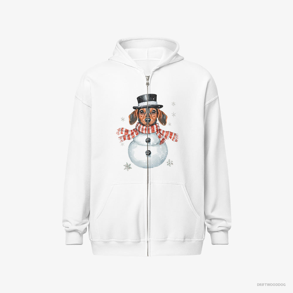 Dachshund Hoodie – Men White Hoodie Full-Zip – in a Snowman Look (on White Background)