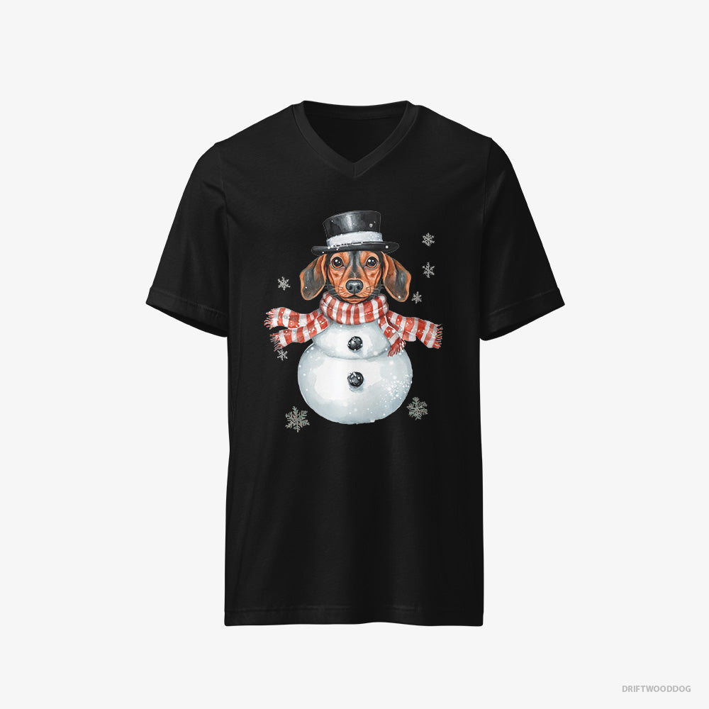 Dachshund T-Shirt – Men Black T-Shirt V-Neck – in a Snowman Look (on White Background)