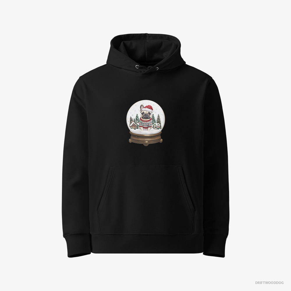 French Bulldog Hoodie – Men Black Hoodie Eco-Friendly – Encased in a Christmas Snow Globe (on White Background)