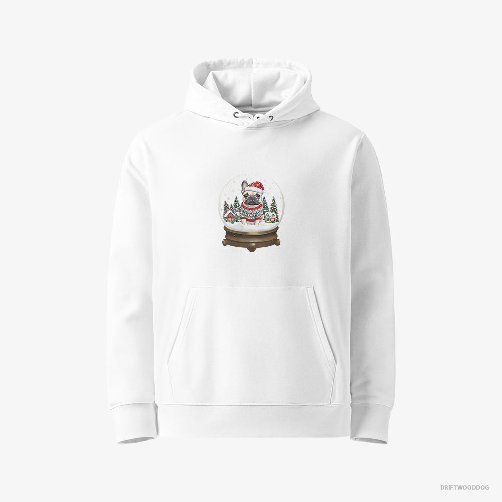 French Bulldog Hoodie – Women White Hoodie Eco-Friendly – Encased in a Christmas Snow Globe (on White Background)