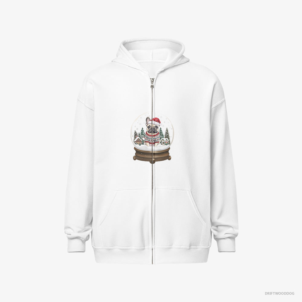 French Bulldog Hoodie – Men White Hoodie Full-Zip – Encased in a Christmas Snow Globe (on White Background)