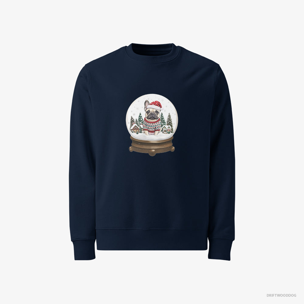 French Bulldog Sweatshirt – Men Navy Sweatshirt Classic – Encased in a Christmas Snow Globe (on White Background)