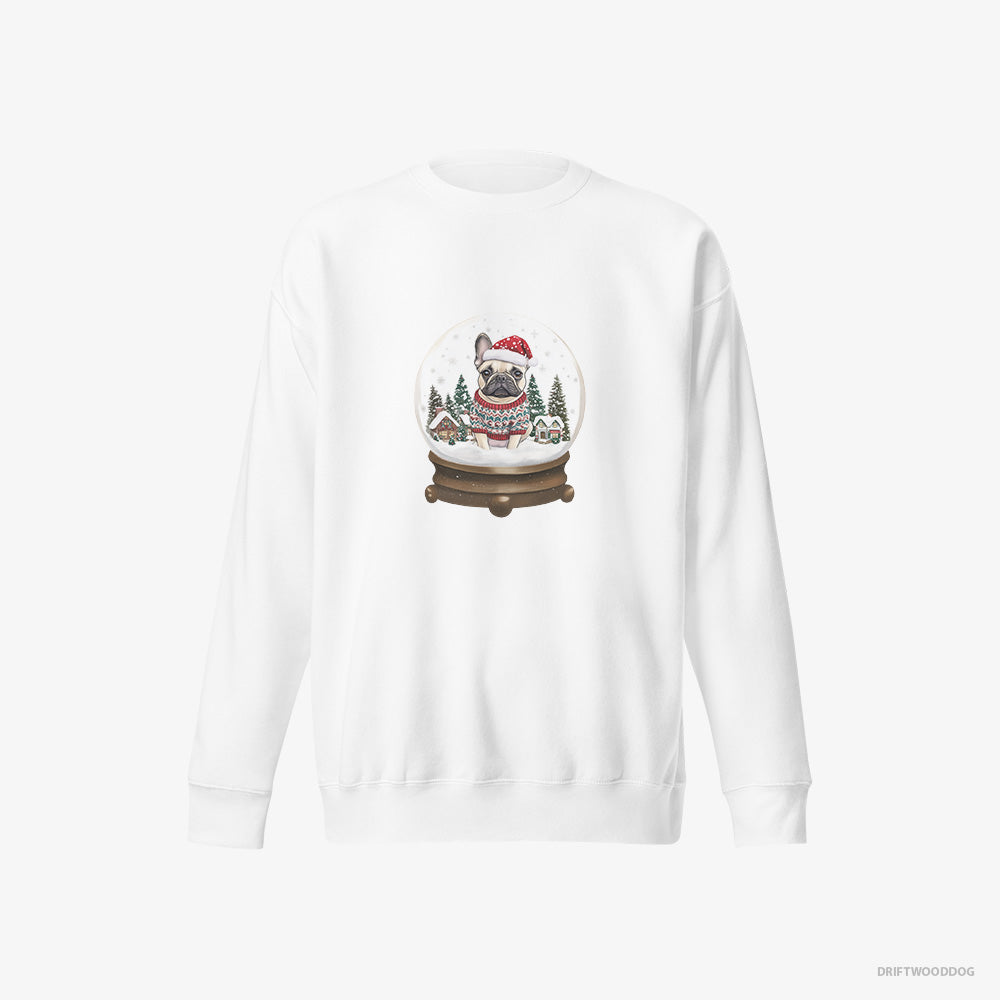 French Bulldog Sweatshirt – Women White Sweatshirt Eco-Friendly – Encased in a Christmas Snow Globe (on White Background)