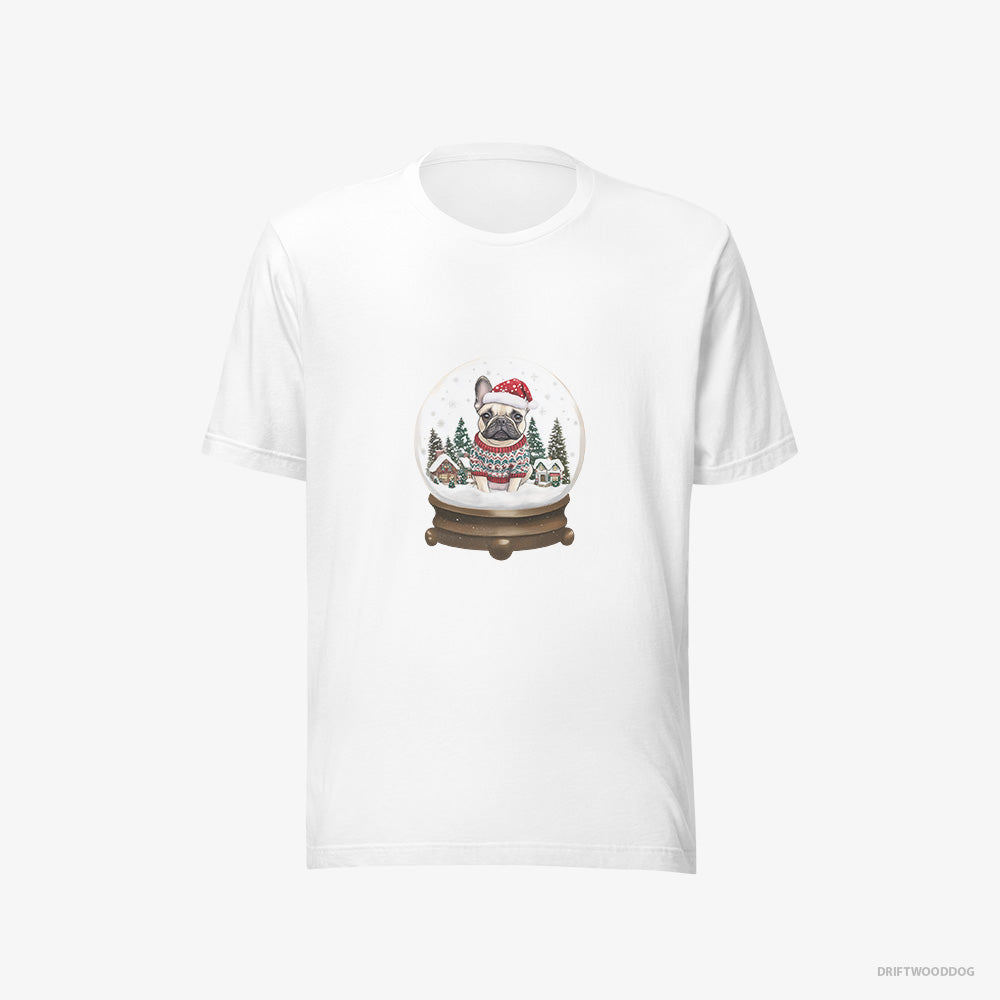 French Bulldog T-Shirt – Men White T-Shirt Eco-Friendly – Encased in a Christmas Snow Globe (on White Background)