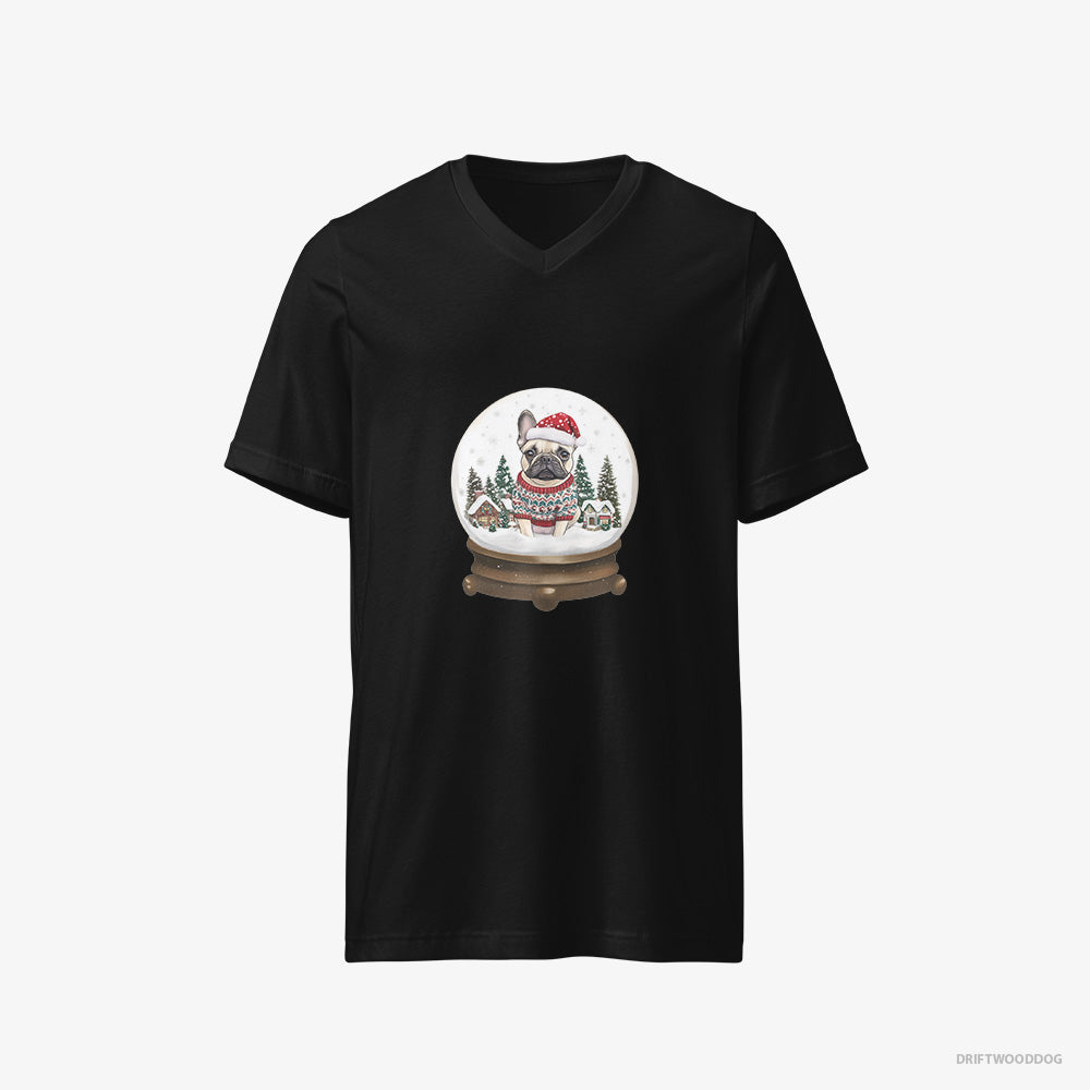 French Bulldog T-Shirt – Men Black T-Shirt V-Neck – Encased in a Christmas Snow Globe (on White Background)