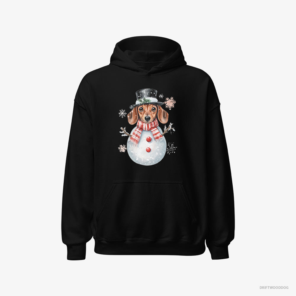 Dachshund Hoodie – Women Black Hoodie Classic – in a Snowman-Themed Costume (on White Background)