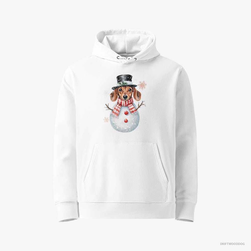 Dachshund Hoodie – Women White Hoodie Eco-Friendly – in a Snowman-Themed Costume (on White Background)