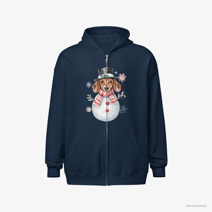 Dachshund Hoodie – Men Navy Hoodie Full-Zip – in a Snowman-Themed Costume (on White Background)