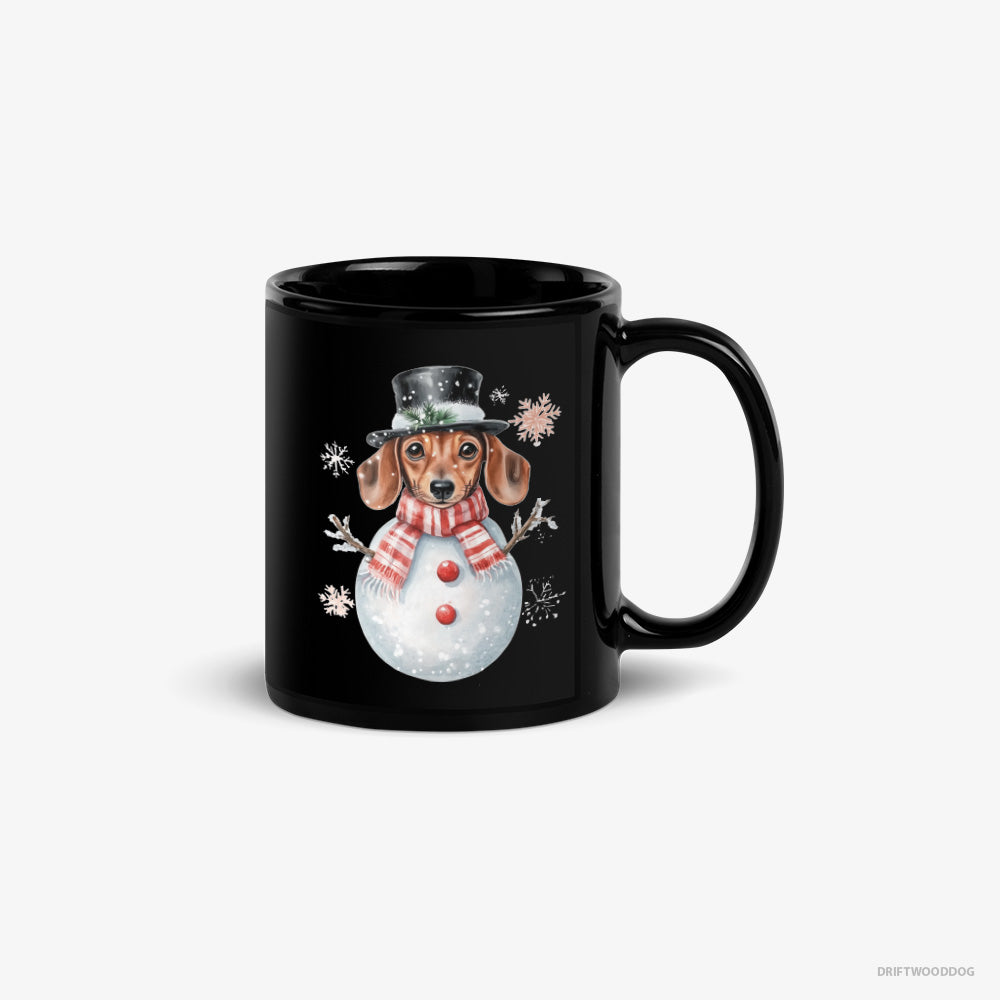 Dachshund Mug – Unisex Black Mug Classic – in a Snowman-Themed Costume (on White Background)