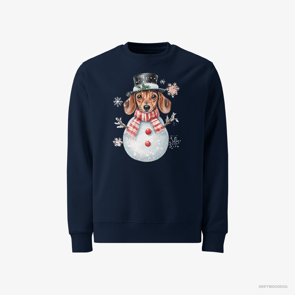 Dachshund Sweatshirt – Men Navy Sweatshirt Classic – in a Snowman-Themed Costume (on White Background)