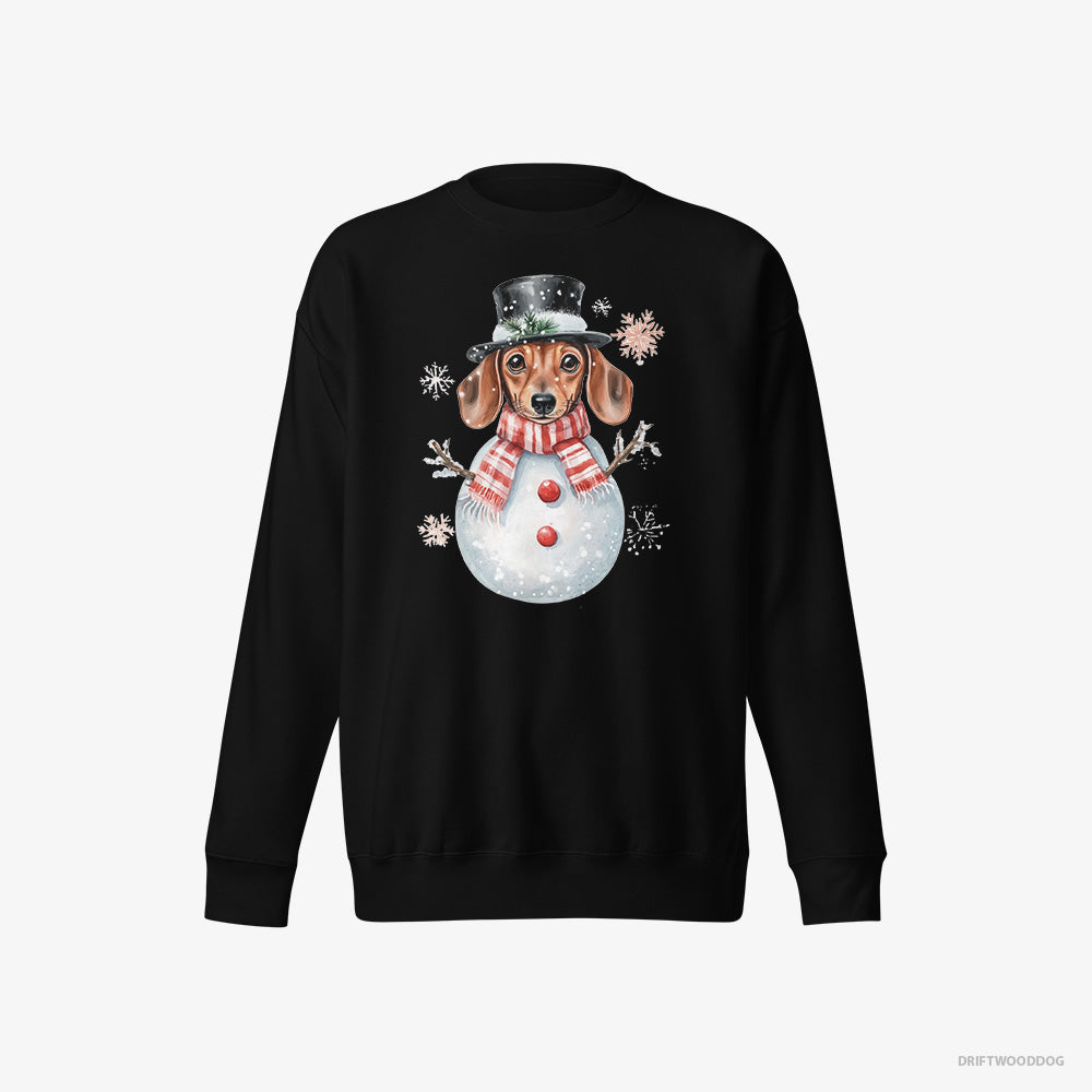 Dachshund Sweatshirt – Women Black Sweatshirt Eco-Friendly – in a Snowman-Themed Costume (on White Background)