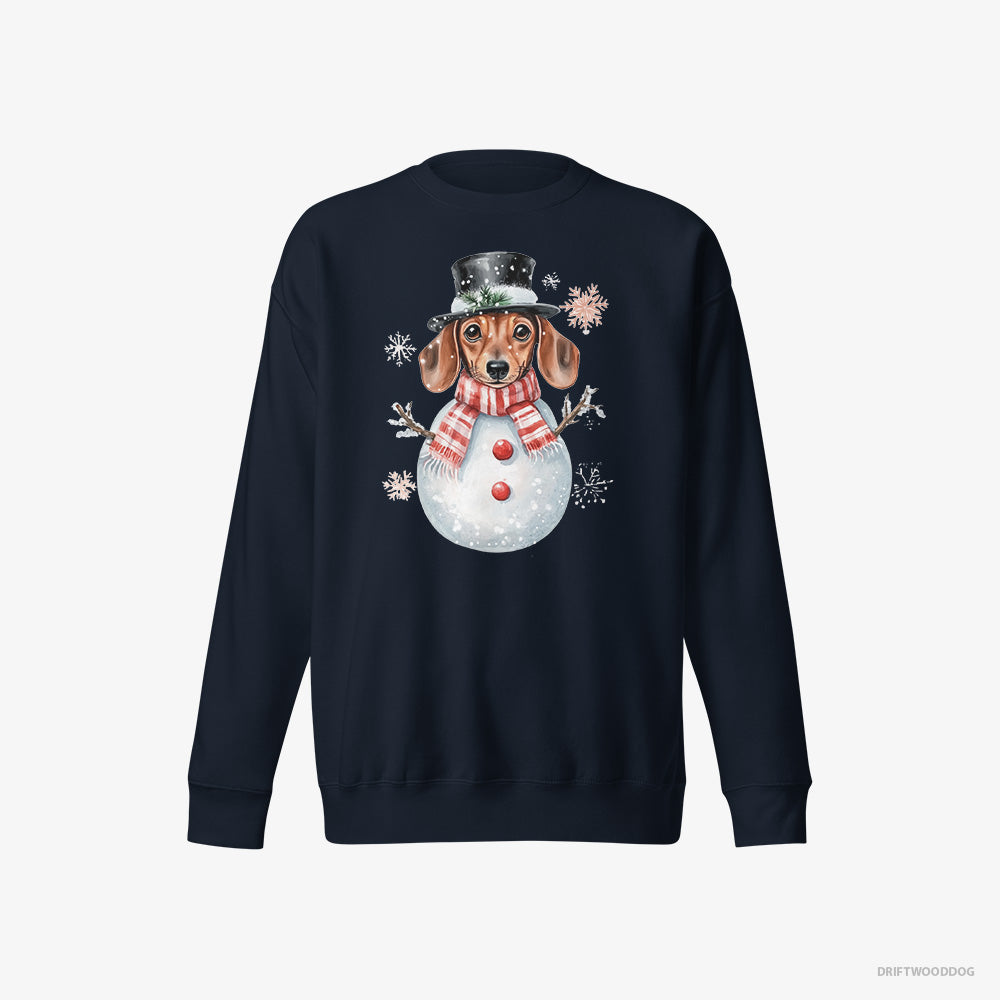 Dachshund Sweatshirt – Women Navy Sweatshirt Eco-Friendly – in a Snowman-Themed Costume (on White Background)