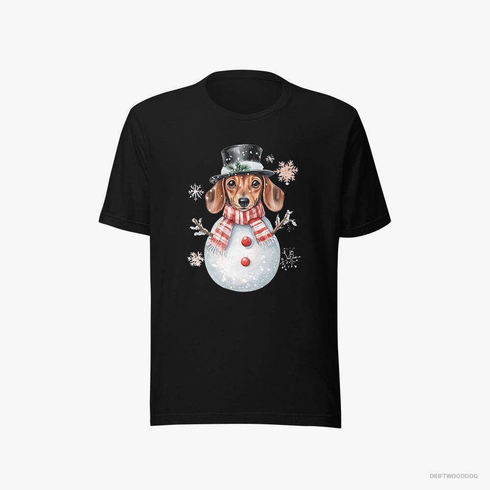 Dachshund T-Shirt – Women Black T-Shirt Eco-Friendly – in a Snowman-Themed Costume (on White Background)