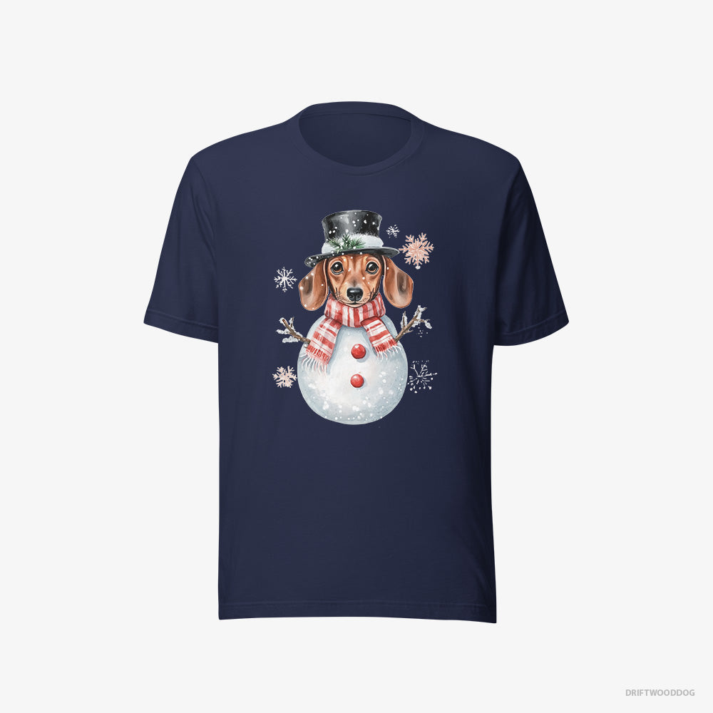 Dachshund T-Shirt – Women Navy T-Shirt Eco-Friendly – in a Snowman-Themed Costume (on White Background)