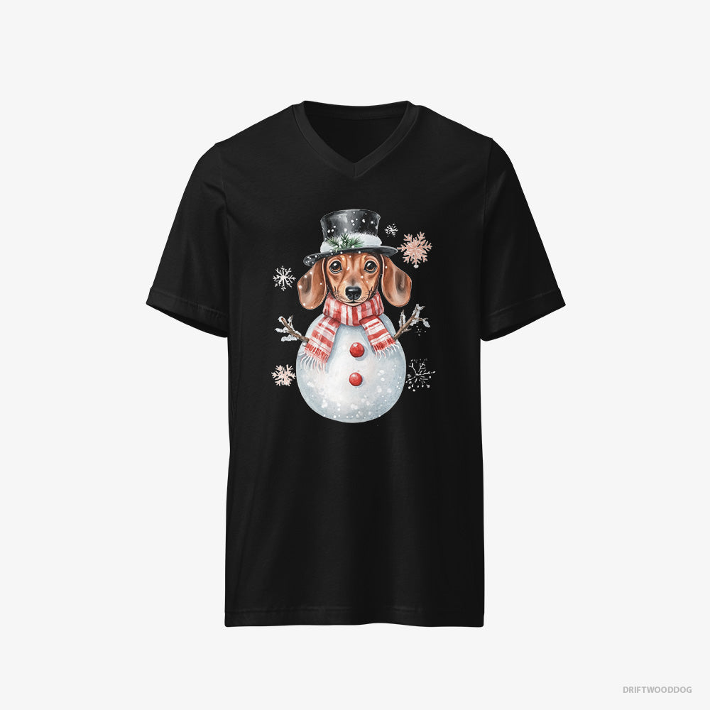 Dachshund T-Shirt – Men Black T-Shirt V-Neck – in a Snowman-Themed Costume (on White Background)