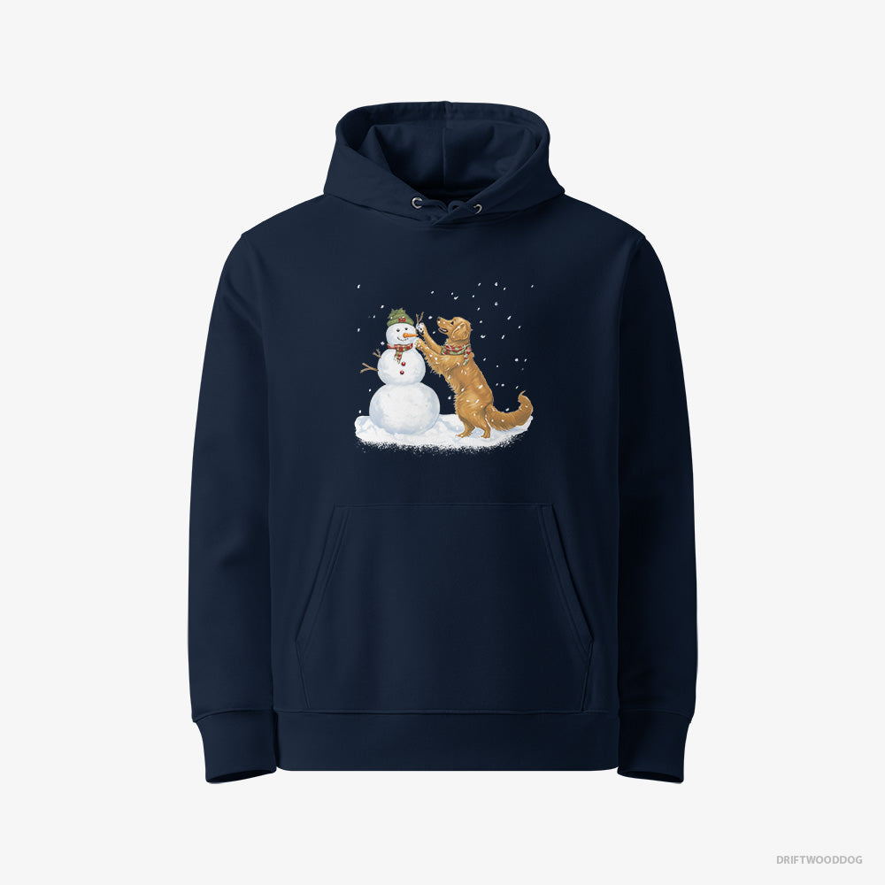 Golden Retriever Hoodie – Women Navy Hoodie Eco-Friendly – Making a Snowman (on White Background)