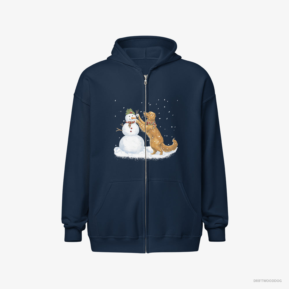 Golden Retriever Hoodie – Men Navy Hoodie Full-Zip – Making a Snowman (on White Background)