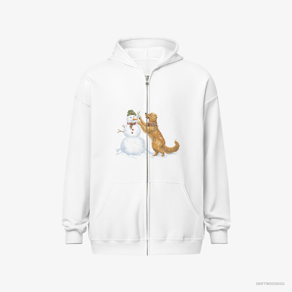 Golden Retriever Hoodie – Men White Hoodie Full-Zip – Making a Snowman (on White Background)