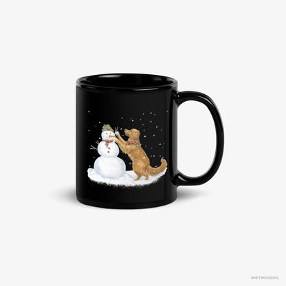 Golden Retriever Mug – Unisex Black Mug Classic – Making a Snowman (on White Background)