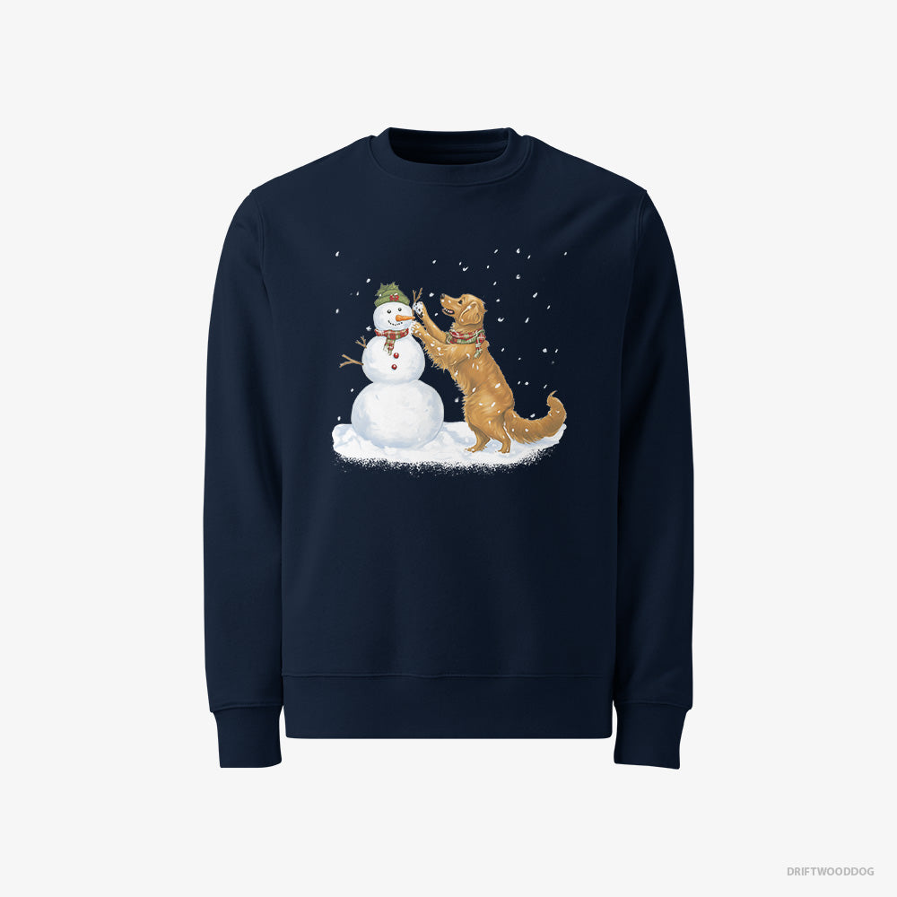 Golden Retriever Sweatshirt – Men Navy Sweatshirt Classic – Making a Snowman (on White Background)