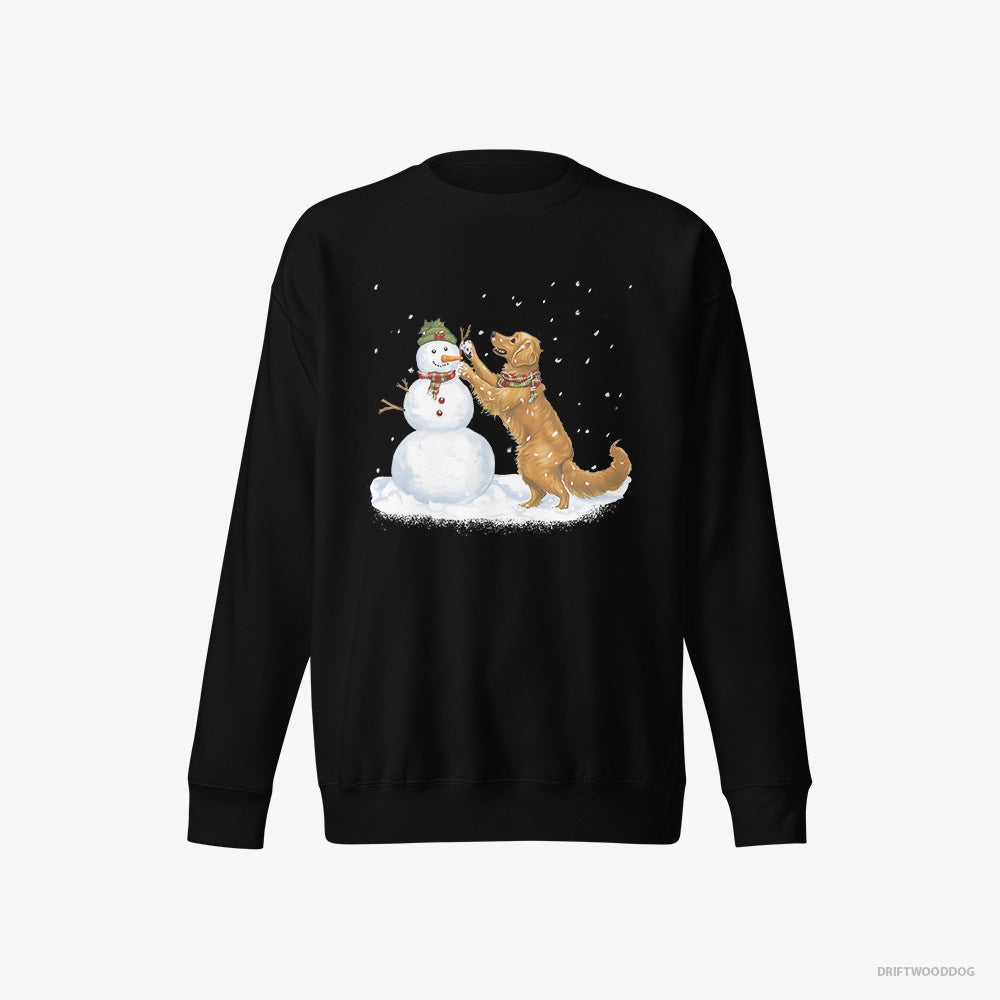 Golden Retriever Sweatshirt – Men Black Sweatshirt Eco-Friendly – Making a Snowman (on White Background)