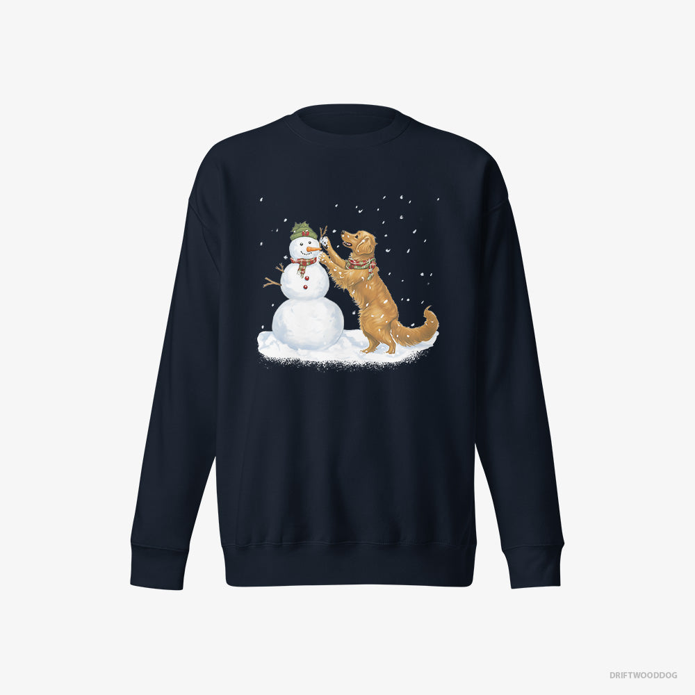 Golden Retriever Sweatshirt – Men Navy Sweatshirt Eco-Friendly – Making a Snowman (on White Background)