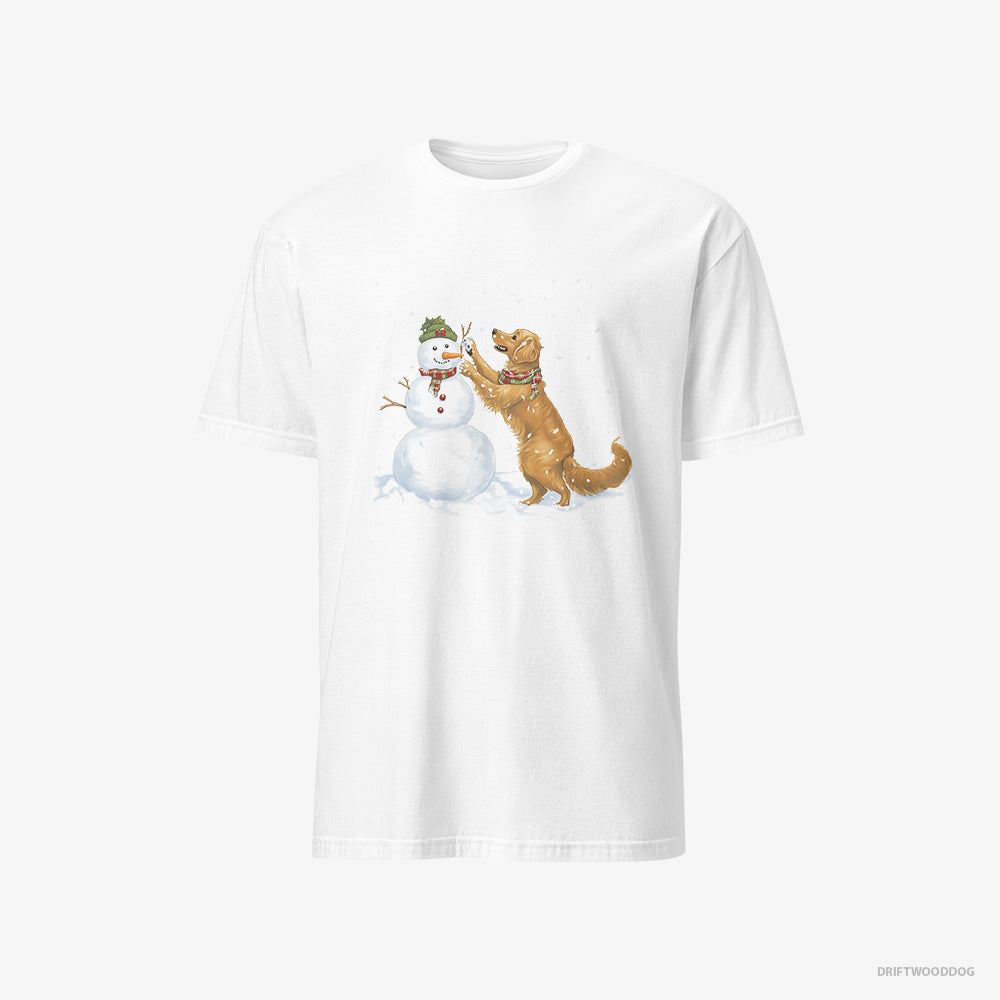 Golden Retriever T-Shirt – Men White T-Shirt Classic – Making a Snowman (on White Background)